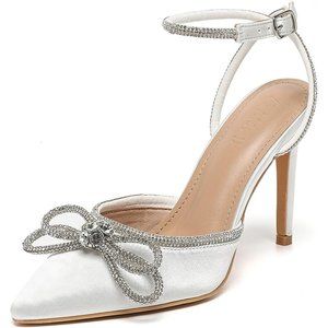Women Rhinestone Stiletto Glitter Bow 4" Bridal Wedding Heeled Sandals-White